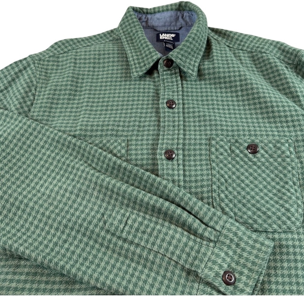 Lands End Mens Green Houndstooth Flannel Shirt Traditional Fit Large‎ Cotton L/S